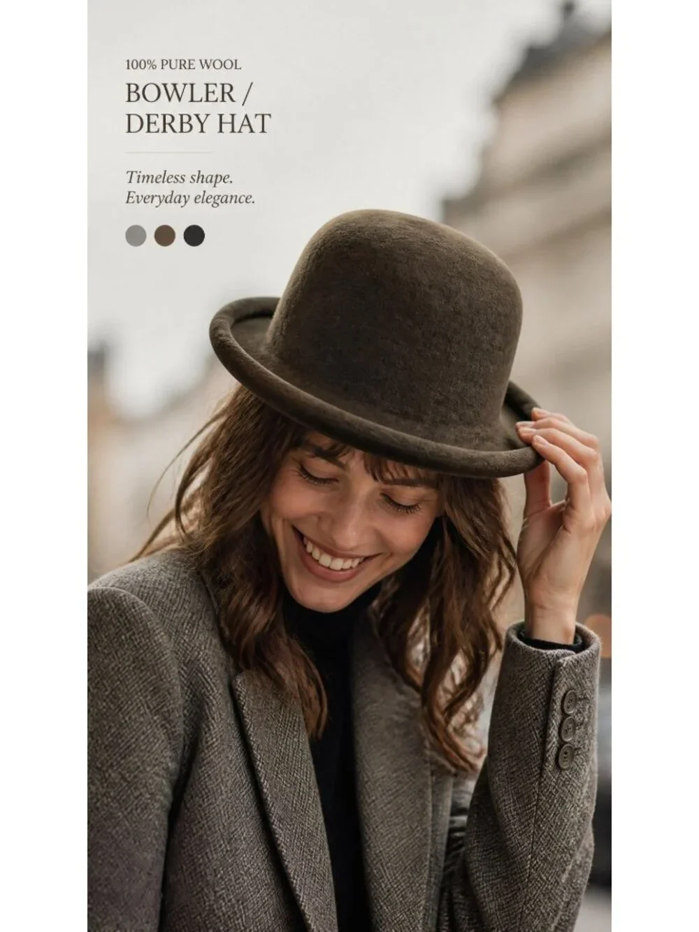 100% Pure Wool Olive Grn Bowler Hat Timeless Design, Steampunk, Modern, Bohemian